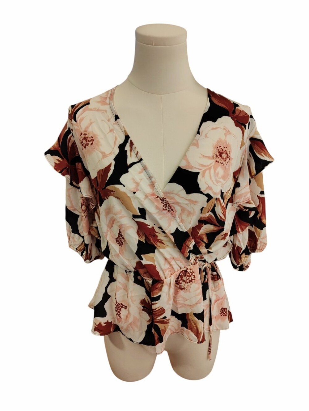 Express Floral Wrap Front Black Cream Brown Cinched Blouse Size Medium